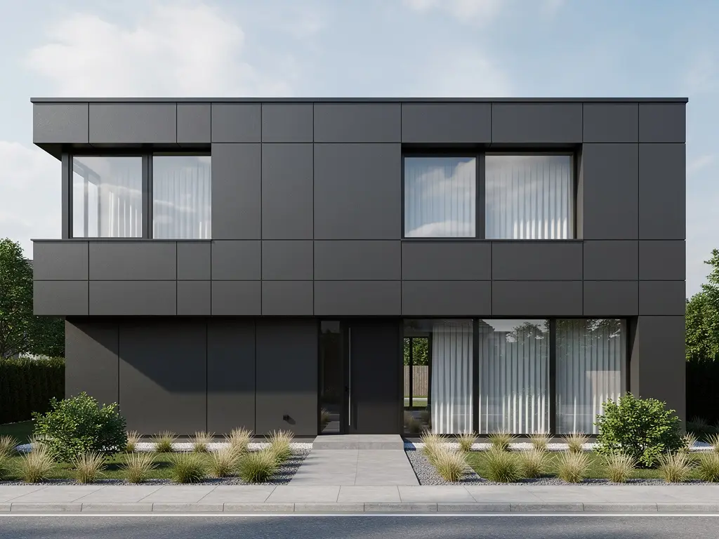 Façade moderne revêtue d'un bardage composite teinte anthracite