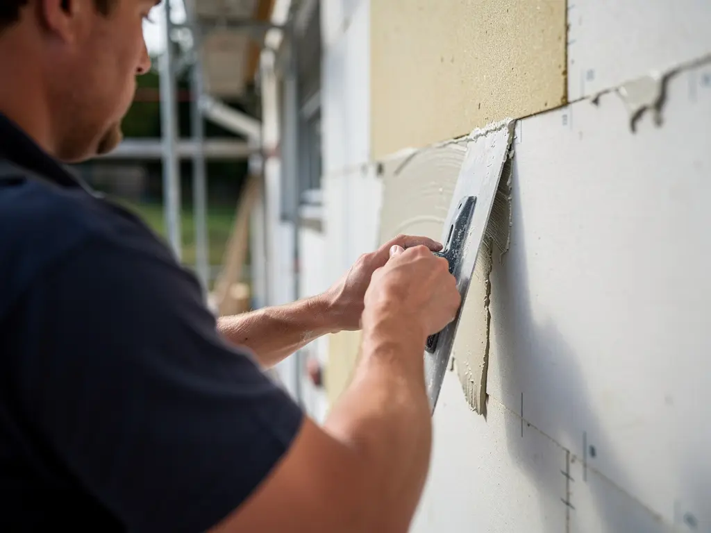 Application de l'enduit de finition et peinture lors d'un ravalement de façade